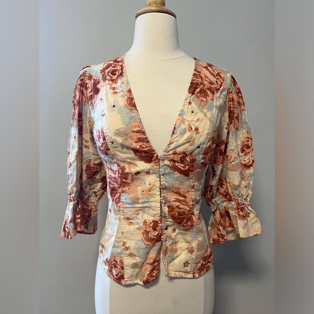 Free People cottage core floral print plunging v-neck blouse